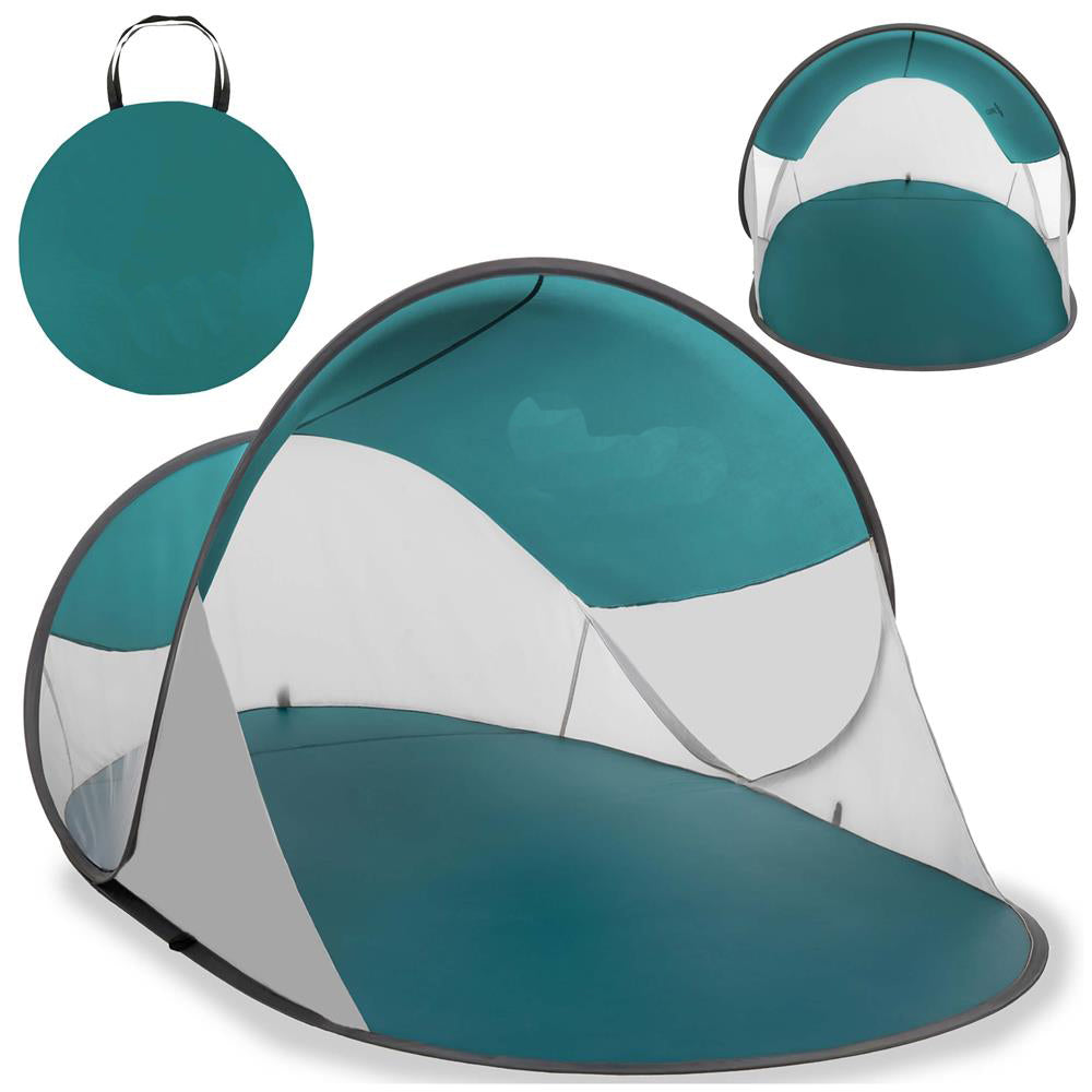 Cort plaja autoexpansibil POP-UP cu protectie UV, podea izolanta si husa transport, 190x120x100 cm, turcoaz si gri
