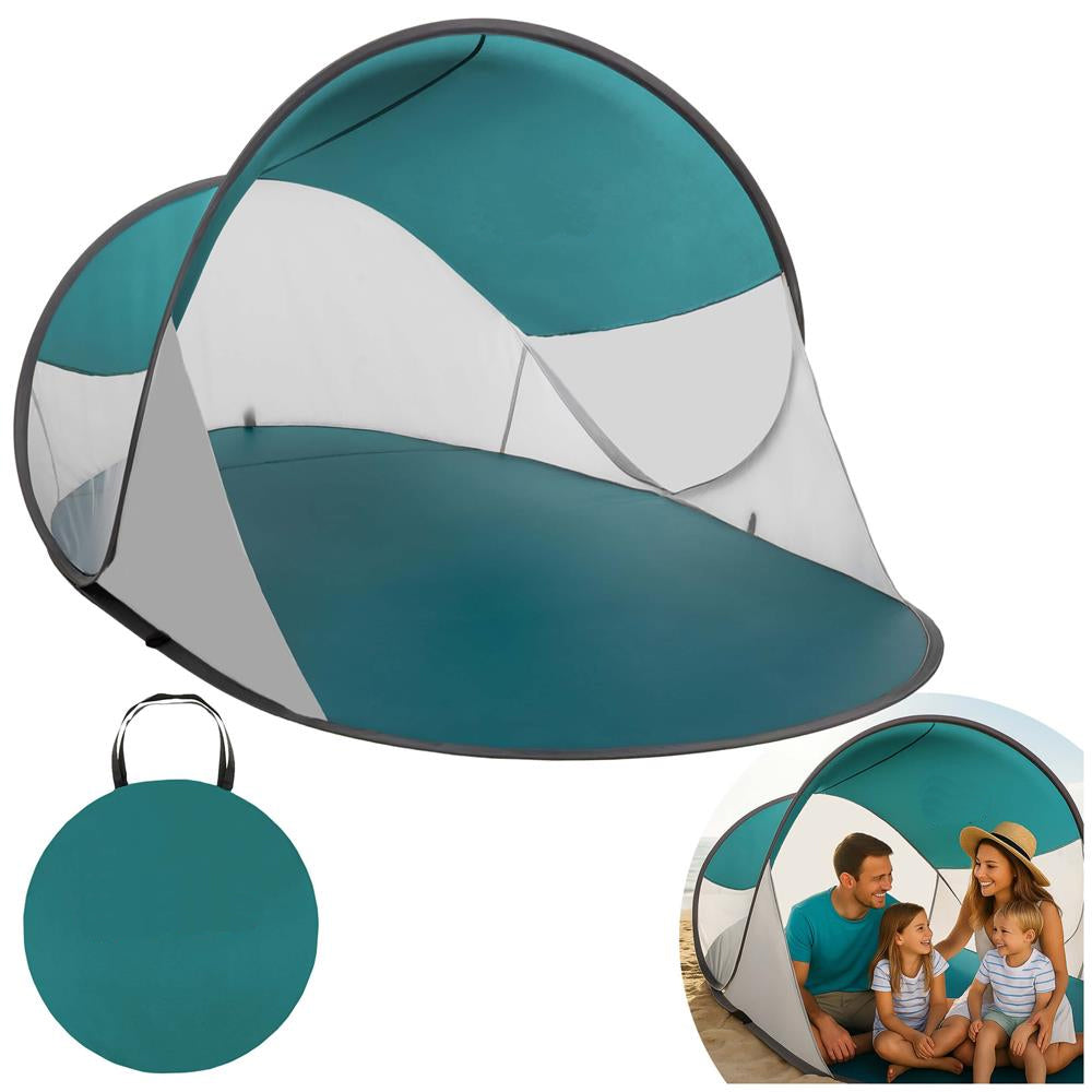 Cort plaja autoexpansibil POP-UP cu protectie UV, podea izolanta si husa transport, 190x120x100 cm, turcoaz si gri
