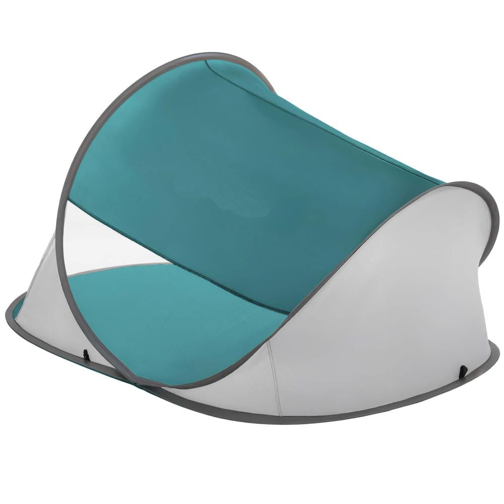 Cort plaja autoexpansibil POP-UP cu protectie UV, podea izolanta si husa transport, 190x120x100 cm, turcoaz si gri