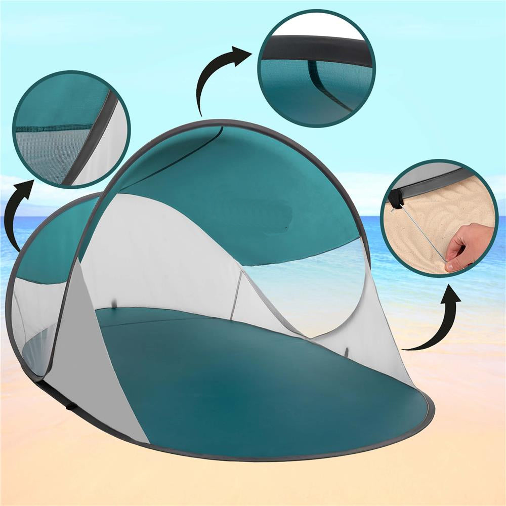 Cort plaja autoexpansibil POP-UP cu protectie UV, podea izolanta si husa transport, 190x120x100 cm, turcoaz si gri