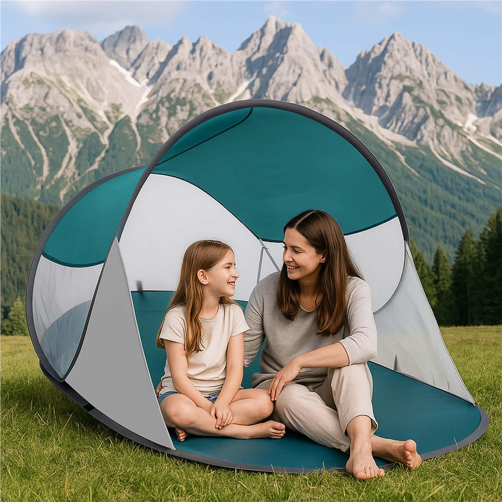 Cort plaja autoexpansibil POP-UP cu protectie UV, podea izolanta si husa transport, 190x120x100 cm, turcoaz si gri