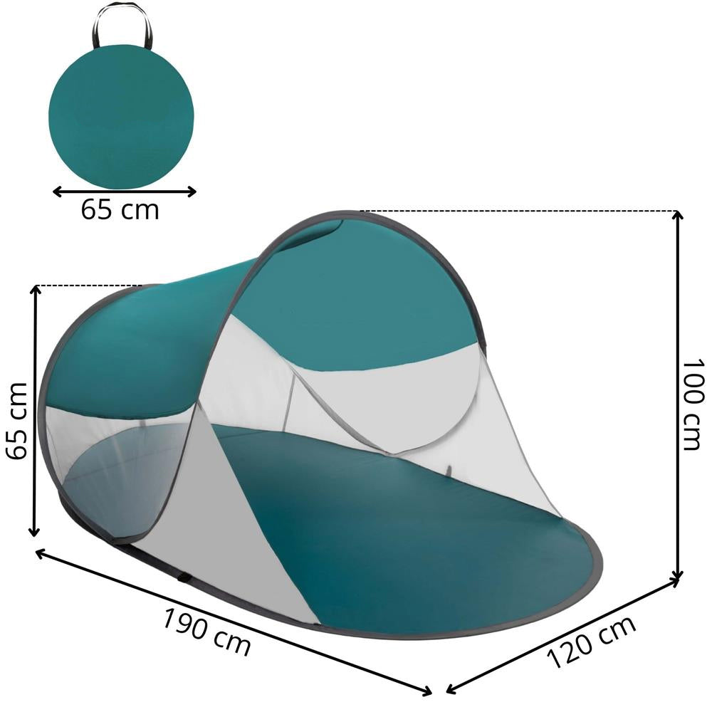 Cort plaja autoexpansibil POP-UP cu protectie UV, podea izolanta si husa transport, 190x120x100 cm, turcoaz si gri