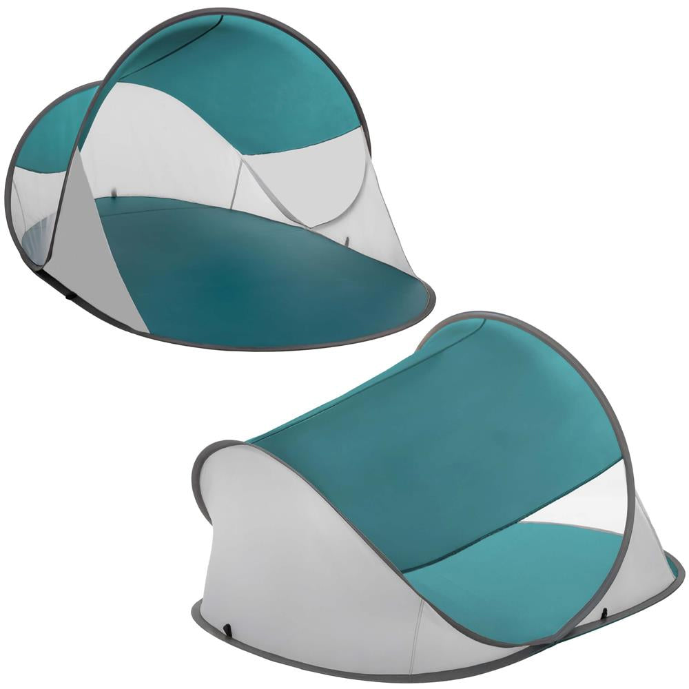 Cort plaja autoexpansibil POP-UP cu protectie UV, podea izolanta si husa transport, 190x120x100 cm, turcoaz si gri