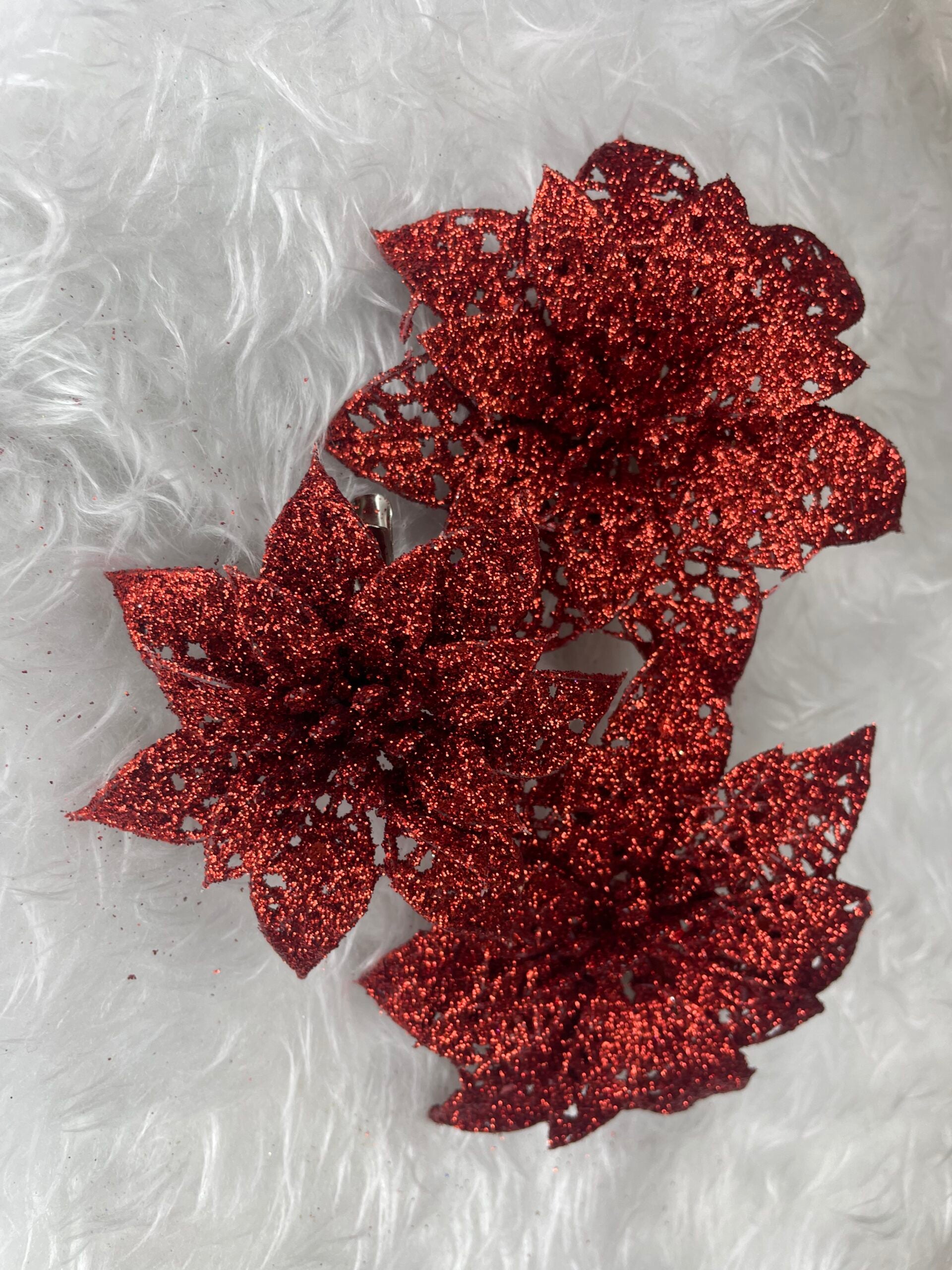 Set 10 ornamente pentru bradul de Craciun, stea Poinsettia, 10cm, rosu