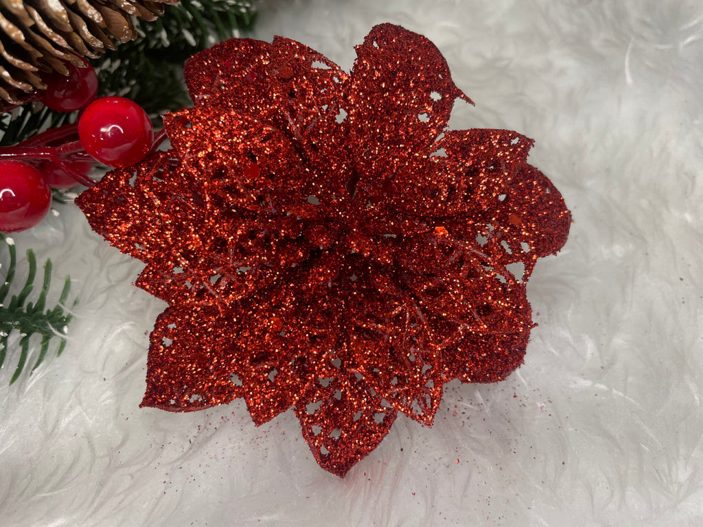 Set 10 ornamente pentru bradul de Craciun, stea Poinsettia, 10cm, rosu