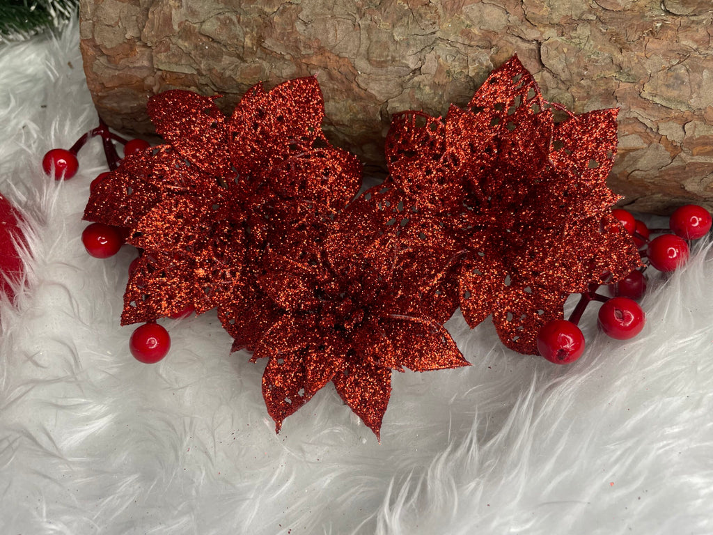 Set 10 ornamente pentru bradul de Craciun, stea Poinsettia, 10cm, rosu