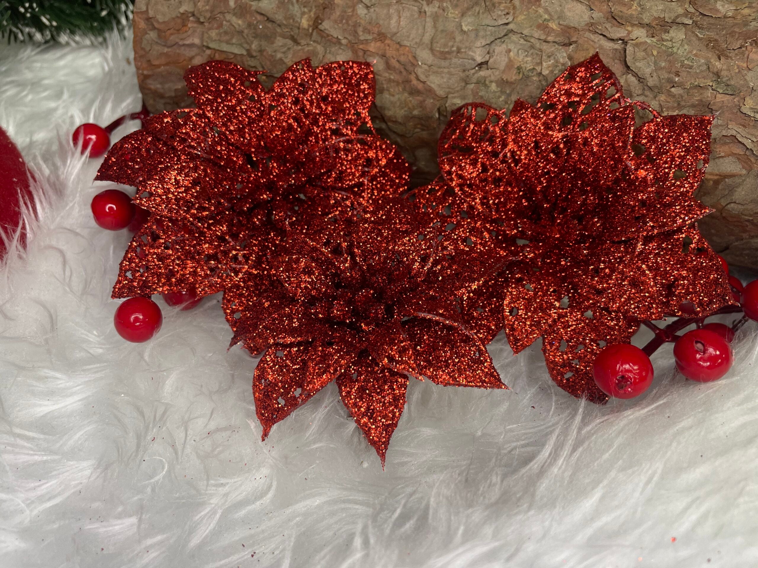 Set 10 ornamente pentru bradul de Craciun, stea Poinsettia, 10cm, rosu