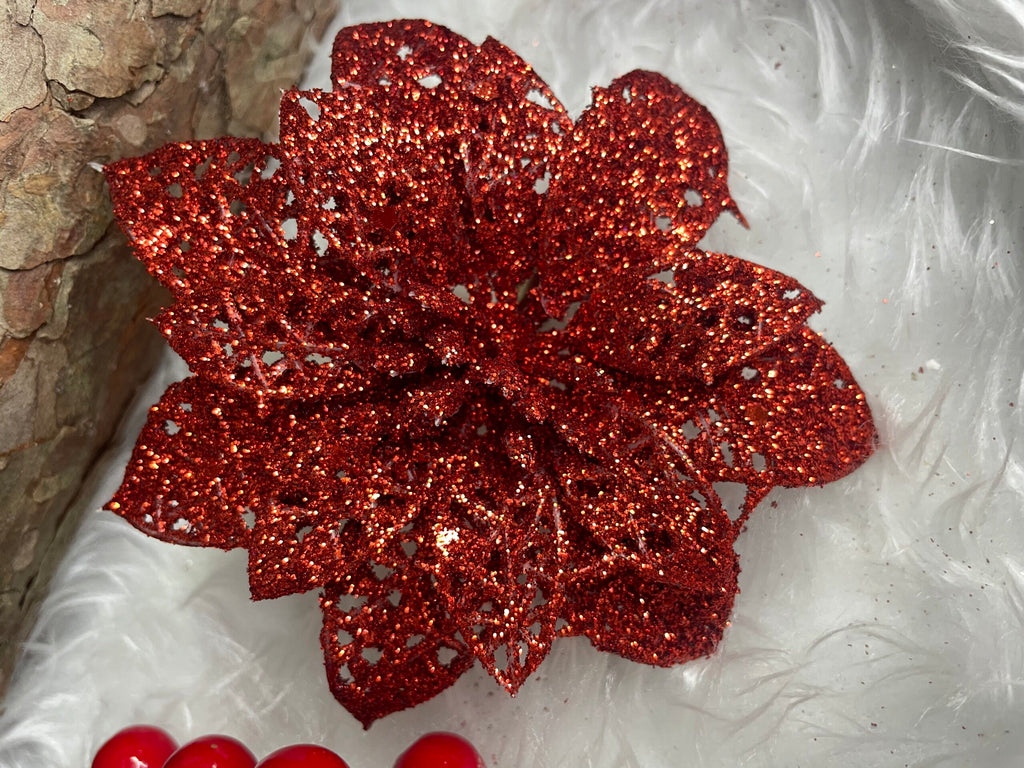 Set 10 ornamente pentru bradul de Craciun, stea Poinsettia, 10cm, rosu