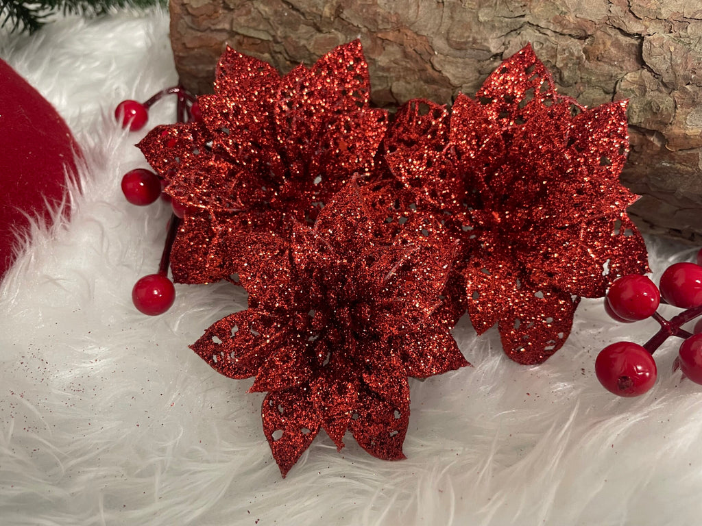 Set 10 ornamente pentru bradul de Craciun, stea Poinsettia, 10cm, rosu