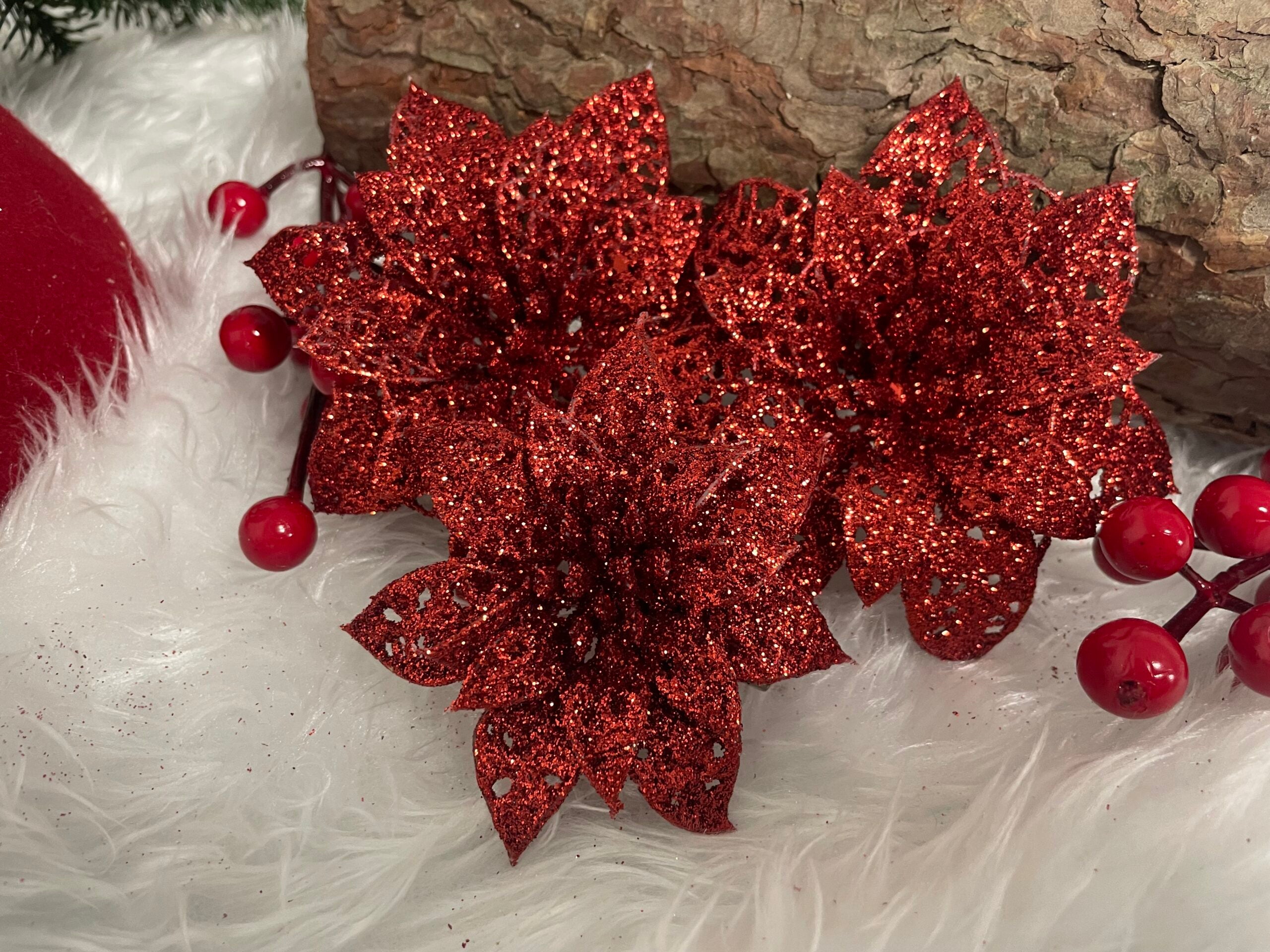 Set 10 ornamente pentru bradul de Craciun, stea Poinsettia, 10cm, rosu