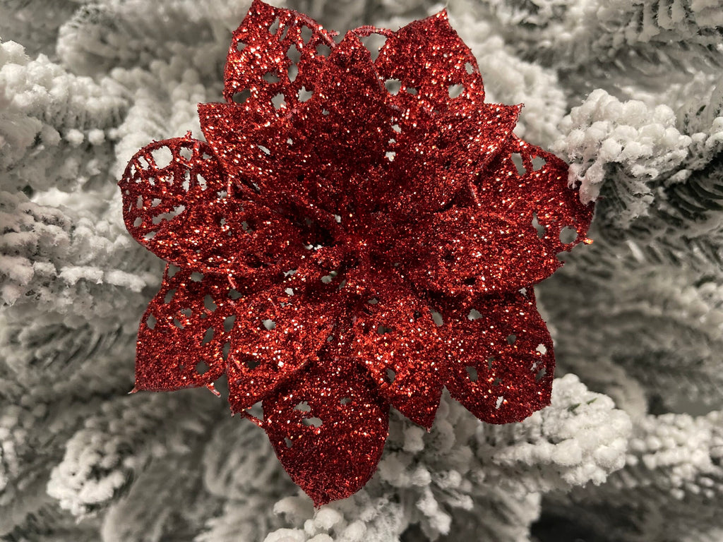 Set 10 ornamente pentru bradul de Craciun, stea Poinsettia, 10cm, rosu