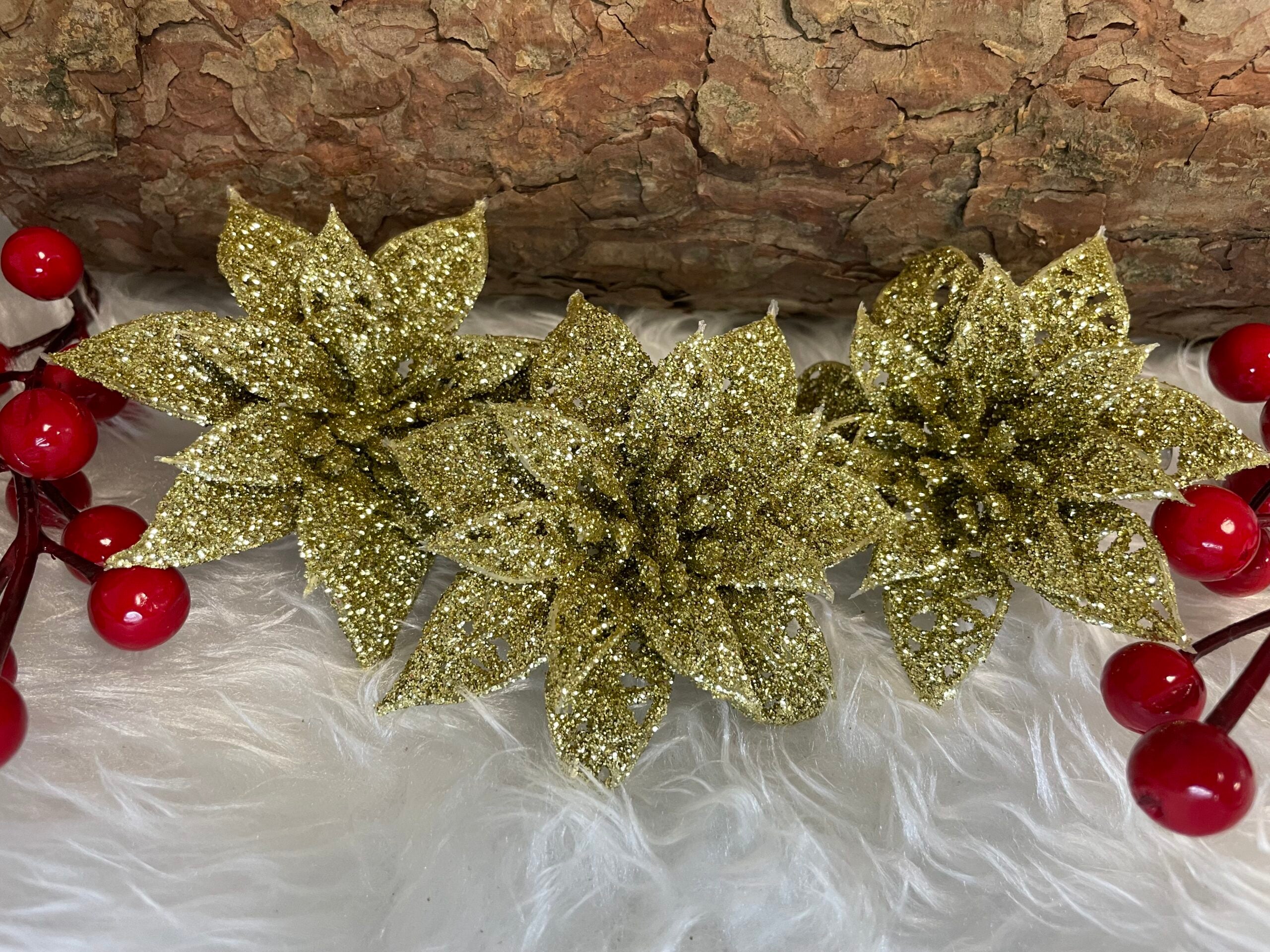 Set 10 ornamente pentru bradul de Craciun, stea Poinsettia, 14cm, auriu