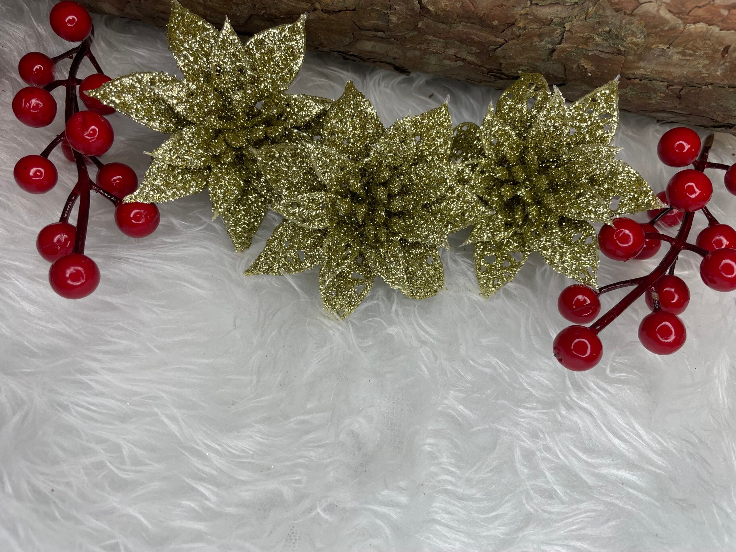 Set 10 ornamente pentru bradul de Craciun, stea Poinsettia, 14cm, auriu