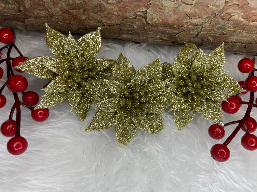 Set 10 ornamente pentru bradul de Craciun, stea Poinsettia, 14cm, auriu