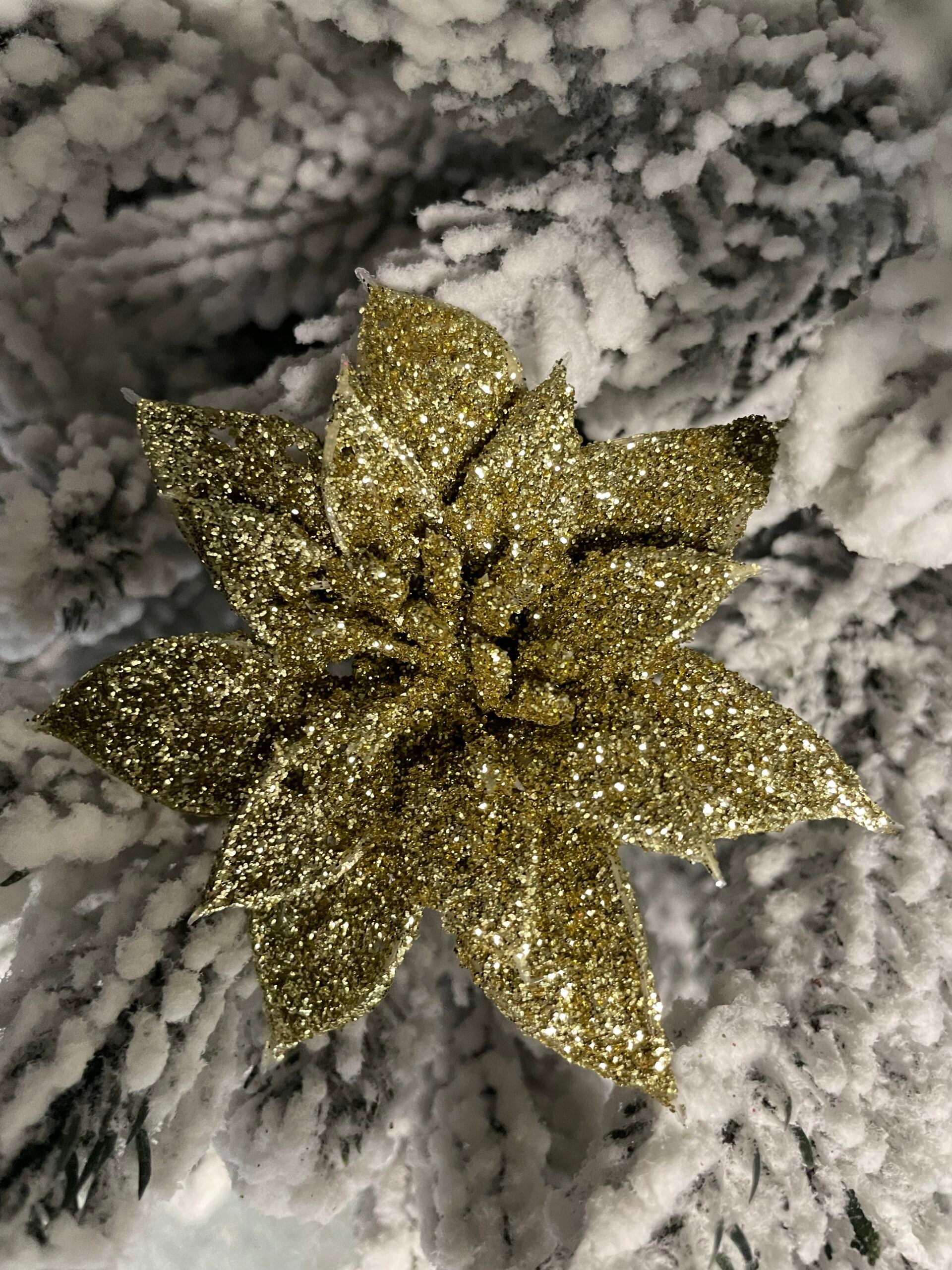 Set 10 ornamente pentru bradul de Craciun, stea Poinsettia, 14cm, auriu