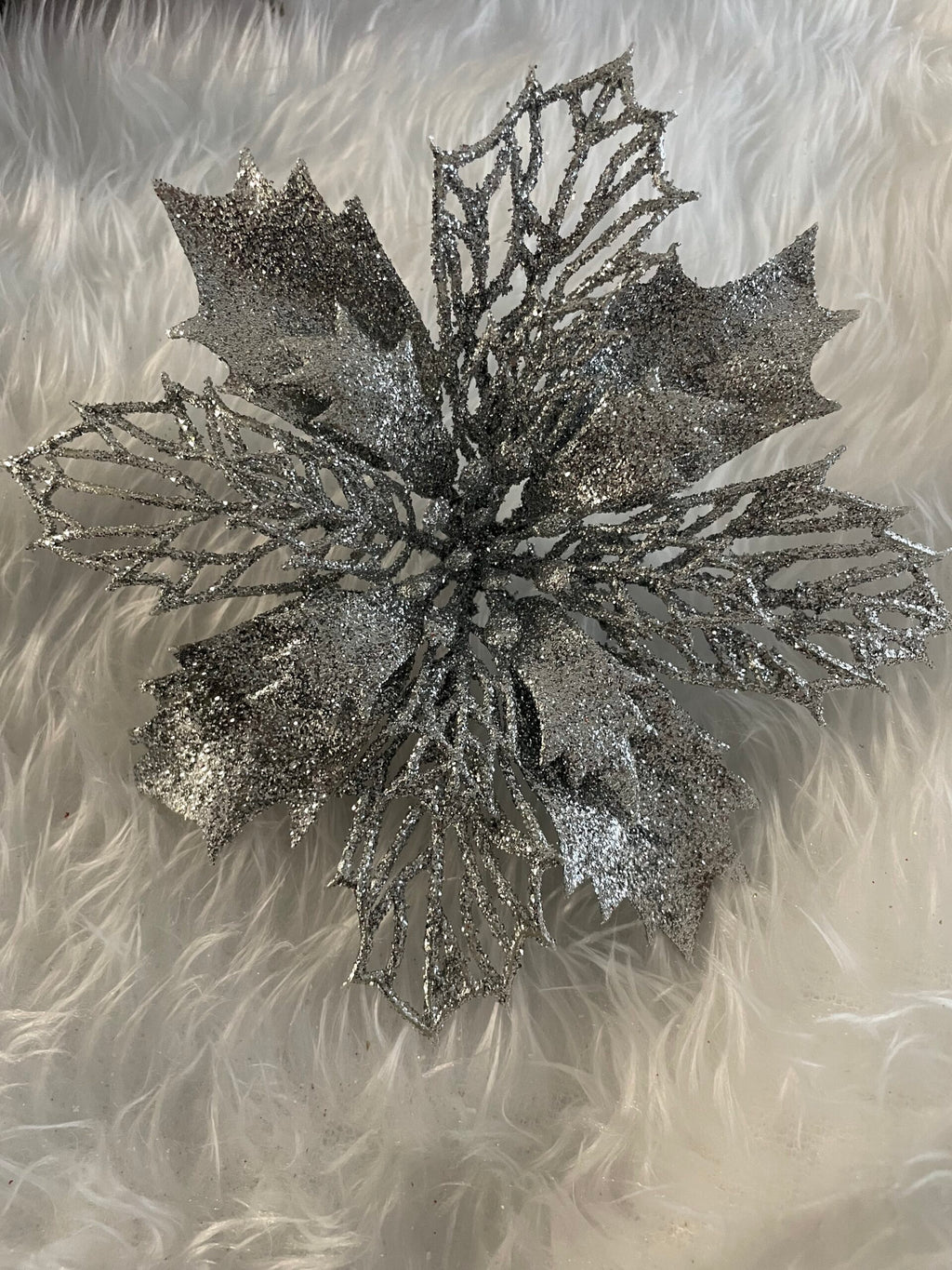 Set 10 ornamente pentru bradul de Craciun, stea Poinsettia, 16cm, argintiu