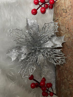 Set 10 ornamente pentru bradul de Craciun, stea Poinsettia, 16cm, argintiu