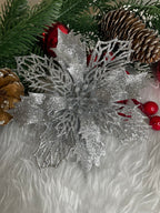 Set 10 ornamente pentru bradul de Craciun, stea Poinsettia, 16cm, argintiu