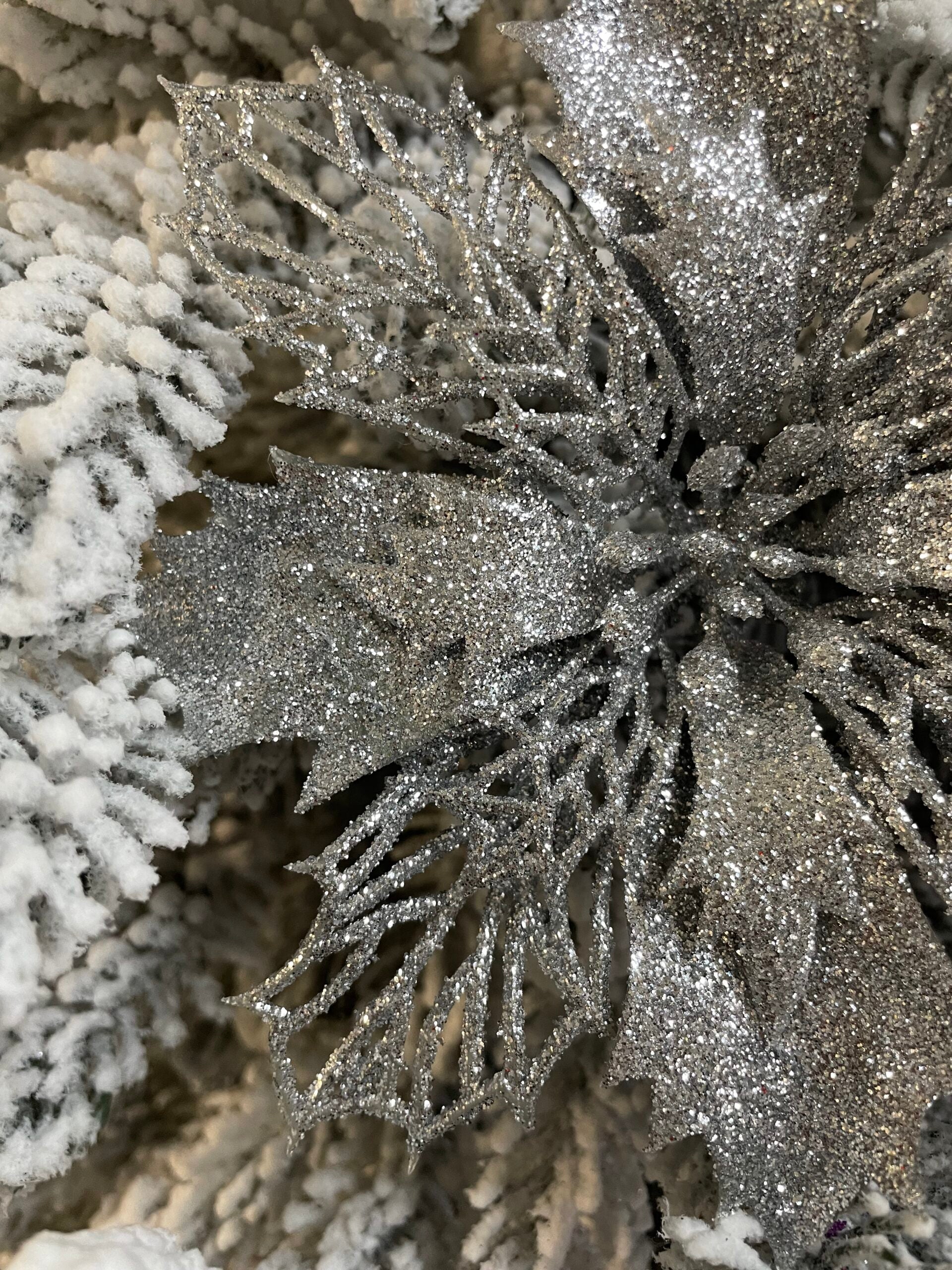 Set 10 ornamente pentru bradul de Craciun, stea Poinsettia, 16cm, argintiu