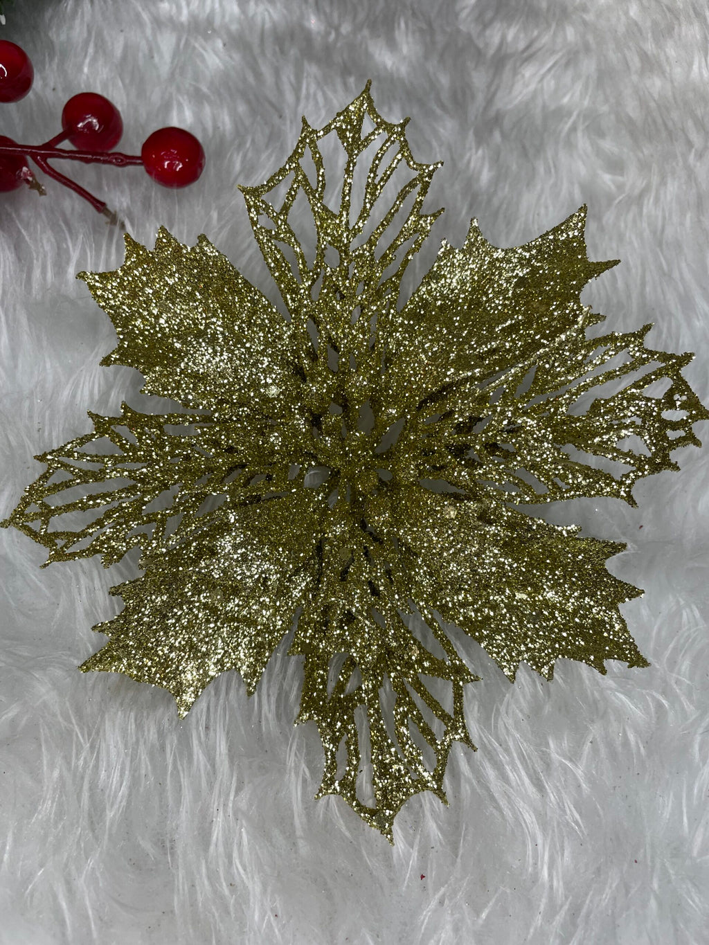 Set 10 ornamente pentru bradul de Craciun, stea Poinsettia, 16cm, galben auriu