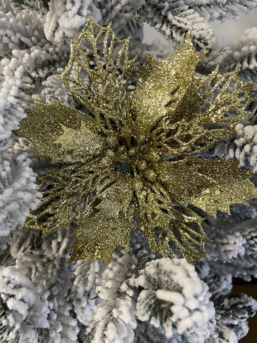 Set 10 ornamente pentru bradul de Craciun, stea Poinsettia, 16cm, galben auriu