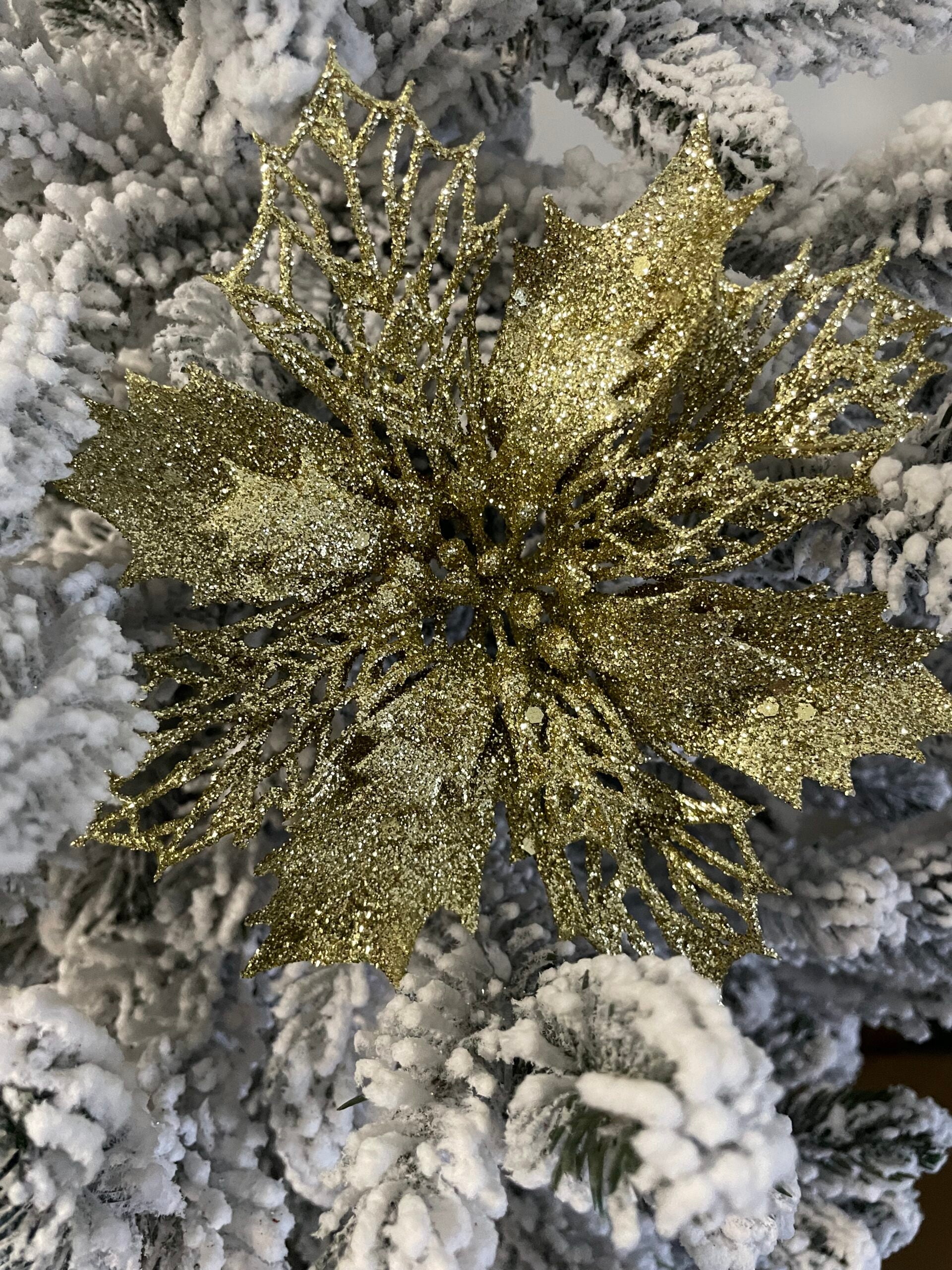 Set 10 ornamente pentru bradul de Craciun, stea Poinsettia, 16cm, galben auriu