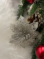 Set 10 ornamente pentru bradul de Craciun, stea Poinsettia, 10cm, argintiu