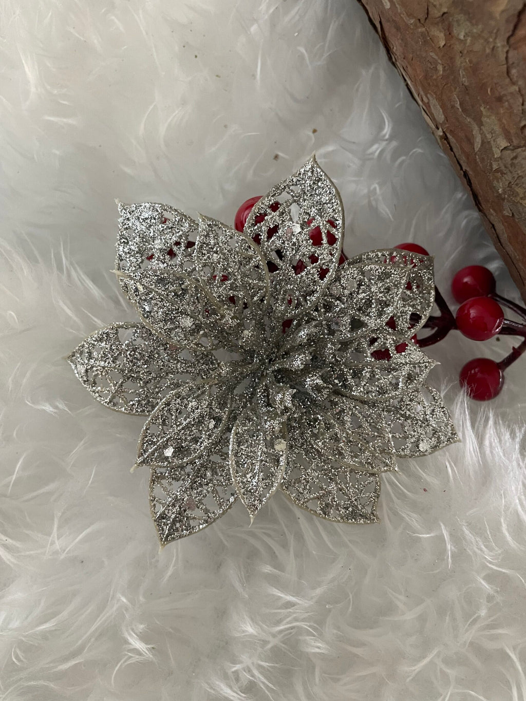 Set 10 ornamente pentru bradul de Craciun, stea Poinsettia, 10cm, argintiu