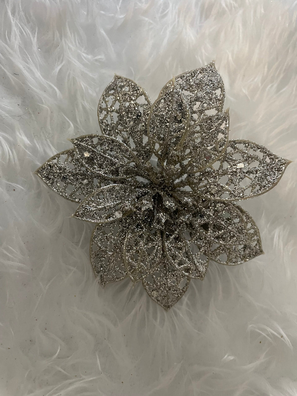 Set 10 ornamente pentru bradul de Craciun, stea Poinsettia, 10cm, argintiu