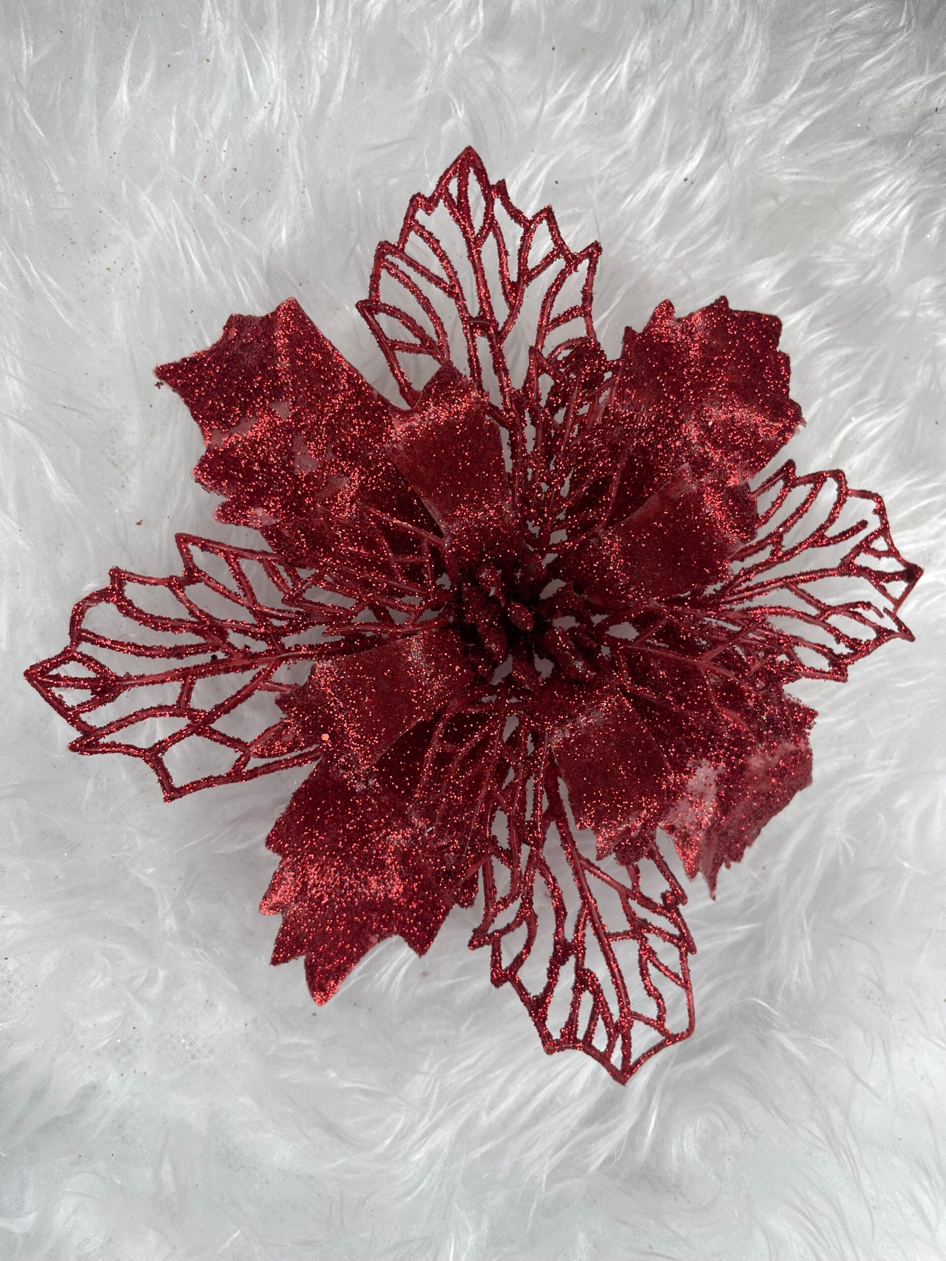 Set 10 ornamente pentru bradul de Craciun, stea Poinsettia, 16cm, visiniu