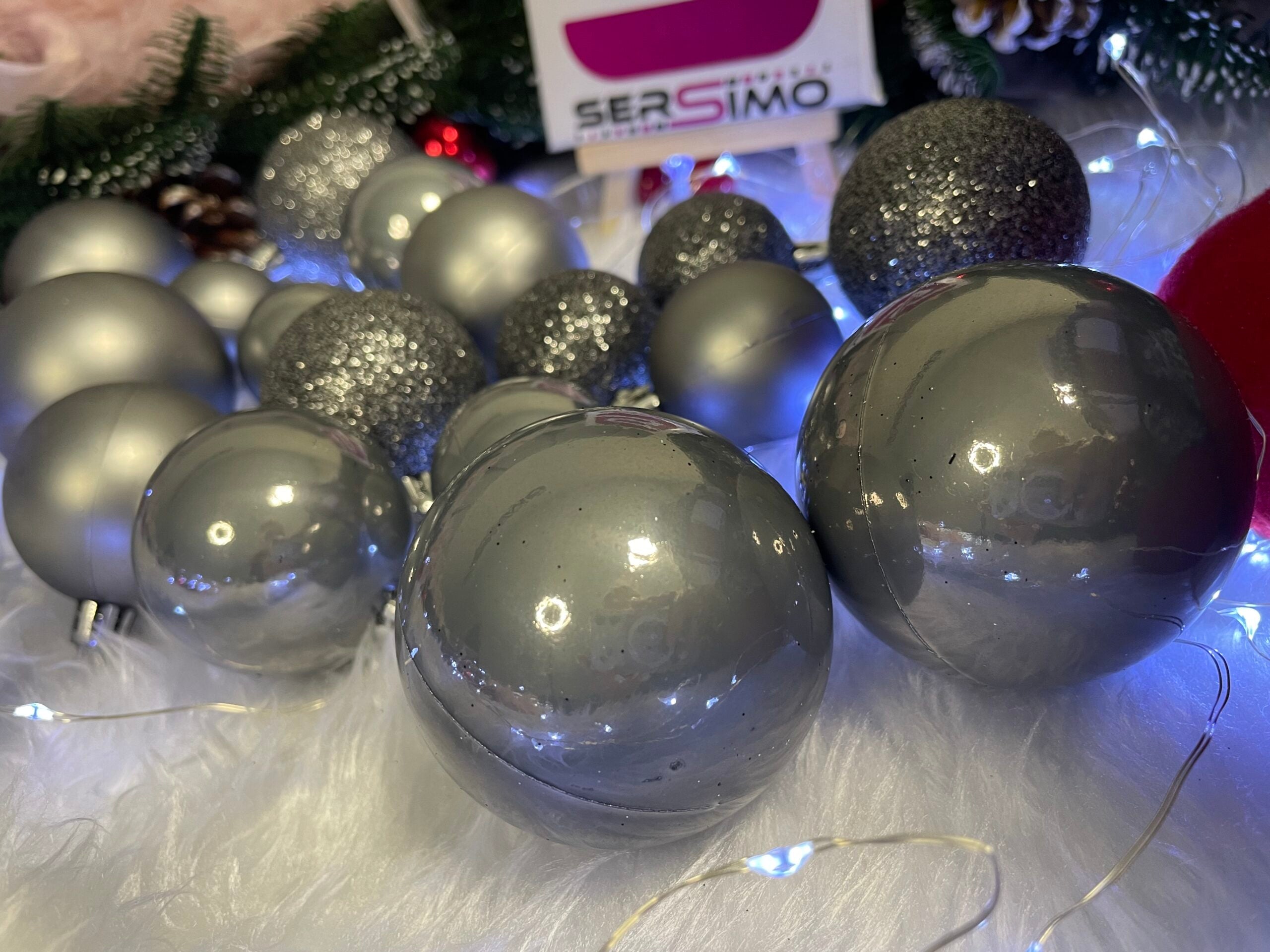 Set globuri de Craciun, 30 bucati, 3 modele, 4/5/6cm, gri argintiu