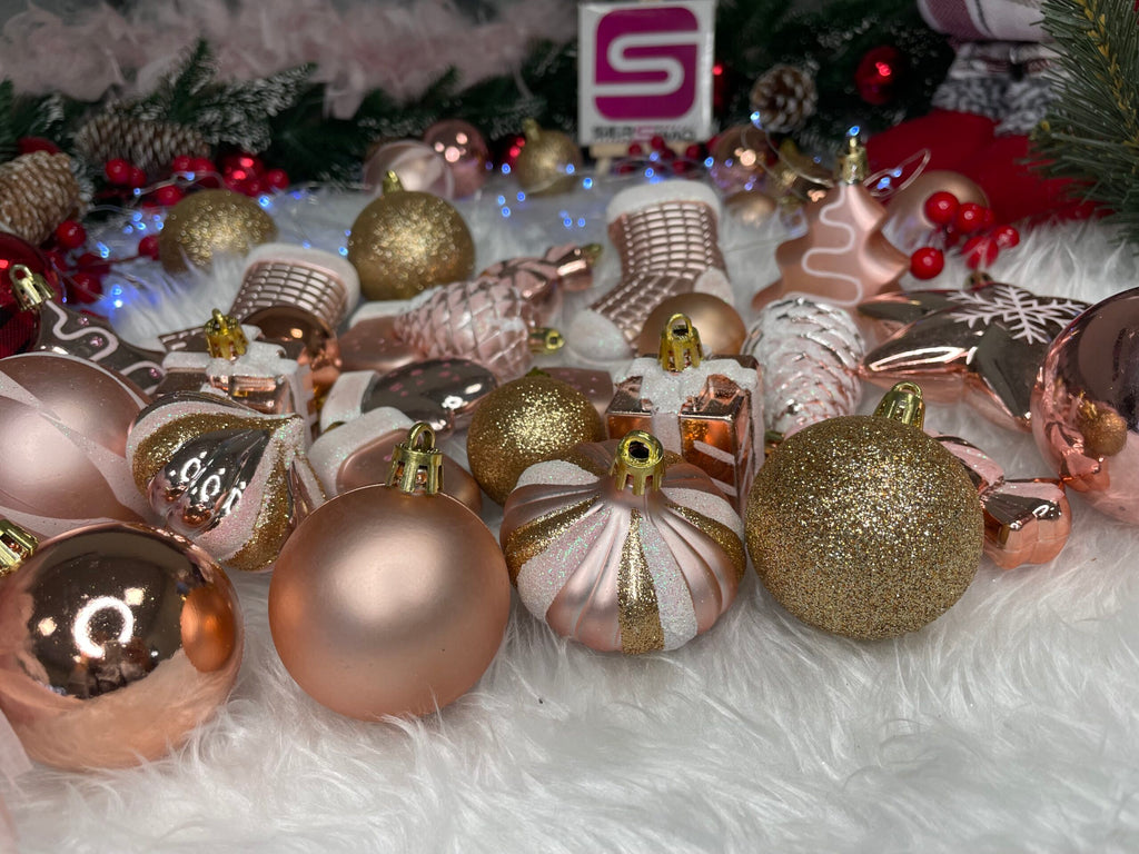 Set globuri si decoratiuni de Craciun, 77 piese, diverse dimensiuni, roz auriu