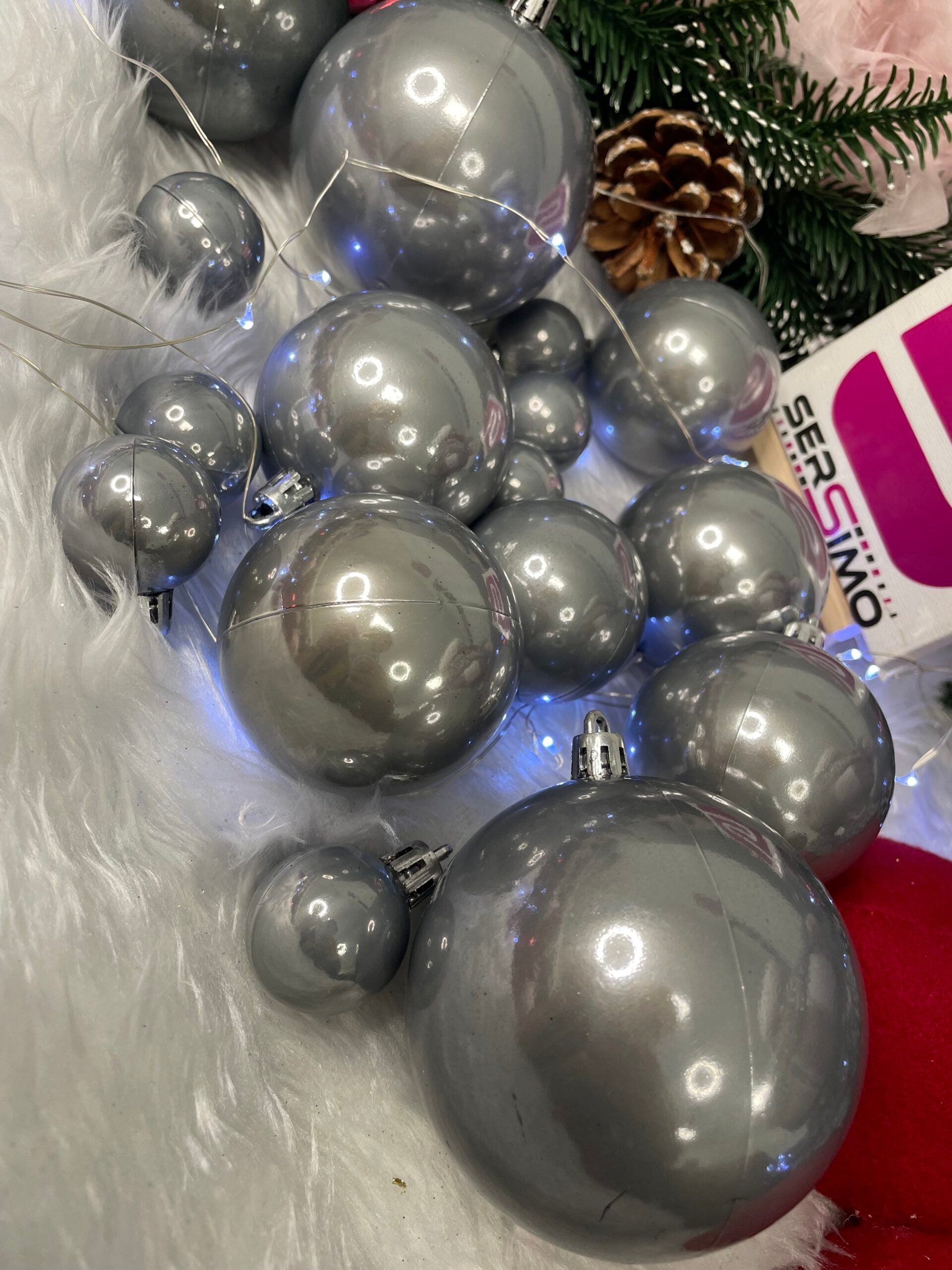 Set globuri de Craciun, 37 bucati, 3-8cm, argintiu