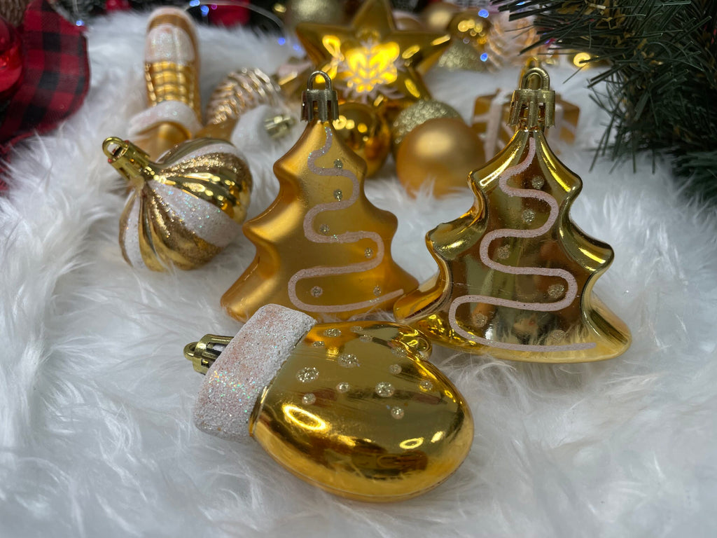 Set globuri si decoratiuni de Craciun, 77 piese, diverse dimensiuni, auriu