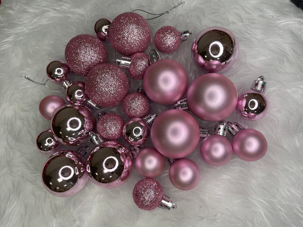 Set globuri de Craciun, 25 bucati, 3 modele, 2,5cm si 4cm, roz