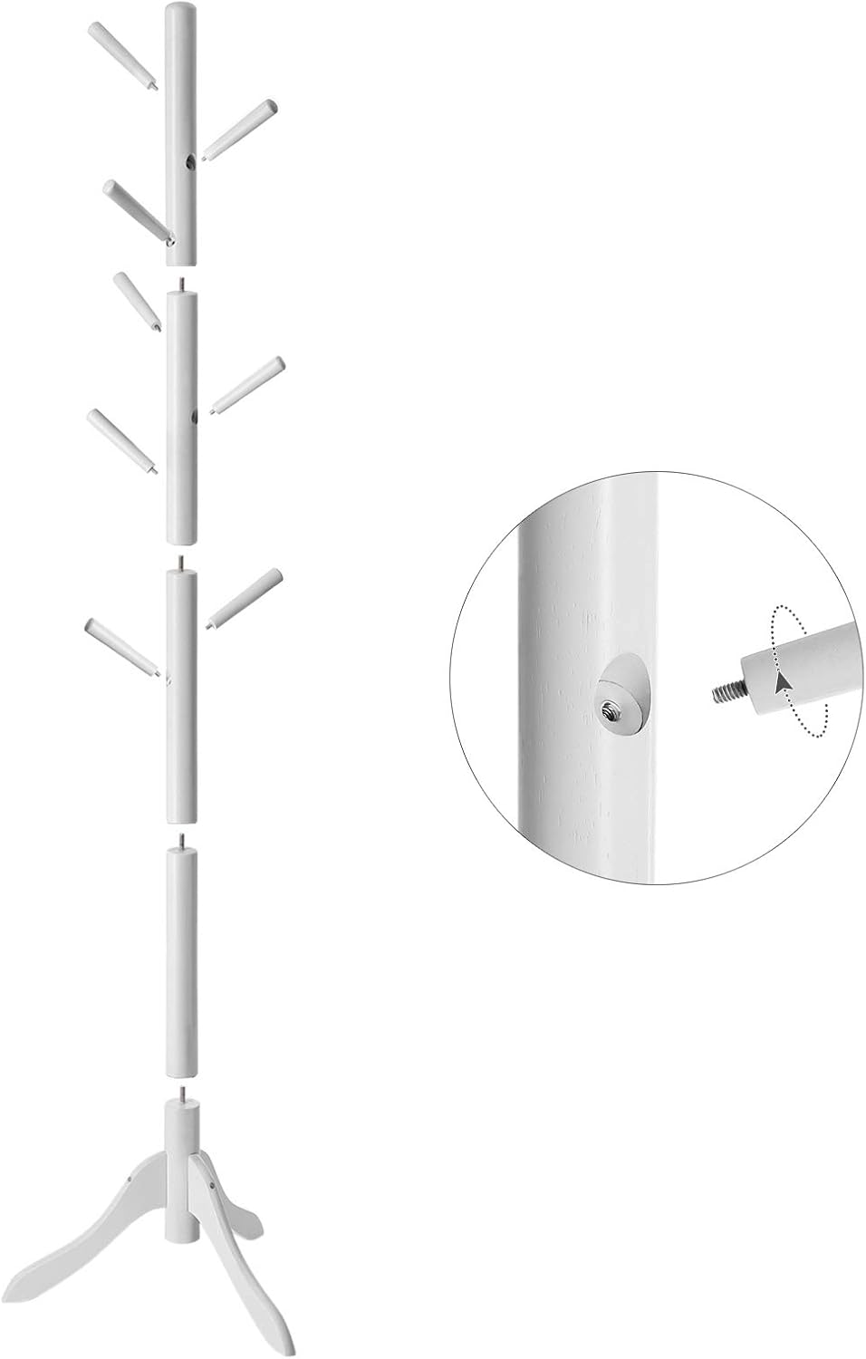 VASAGLE Cuier din lemn masiv, 8 carlige, ajustabil pe 3 inaltimi, design tip copac, 57x175 cm, alb