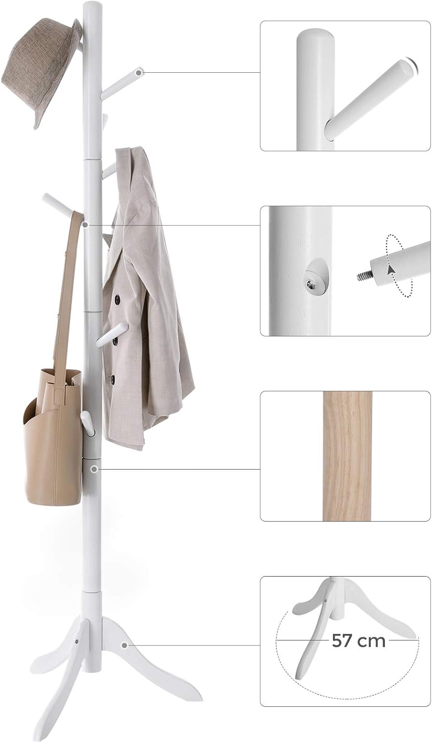 VASAGLE Cuier din lemn masiv, 8 carlige, ajustabil pe 3 inaltimi, design tip copac, 57x175 cm, alb