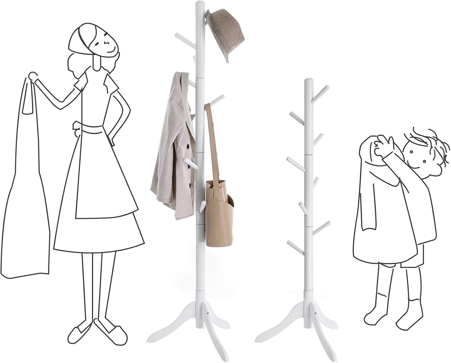 VASAGLE Cuier din lemn masiv, 8 carlige, ajustabil pe 3 inaltimi, design tip copac, 57x175 cm, alb