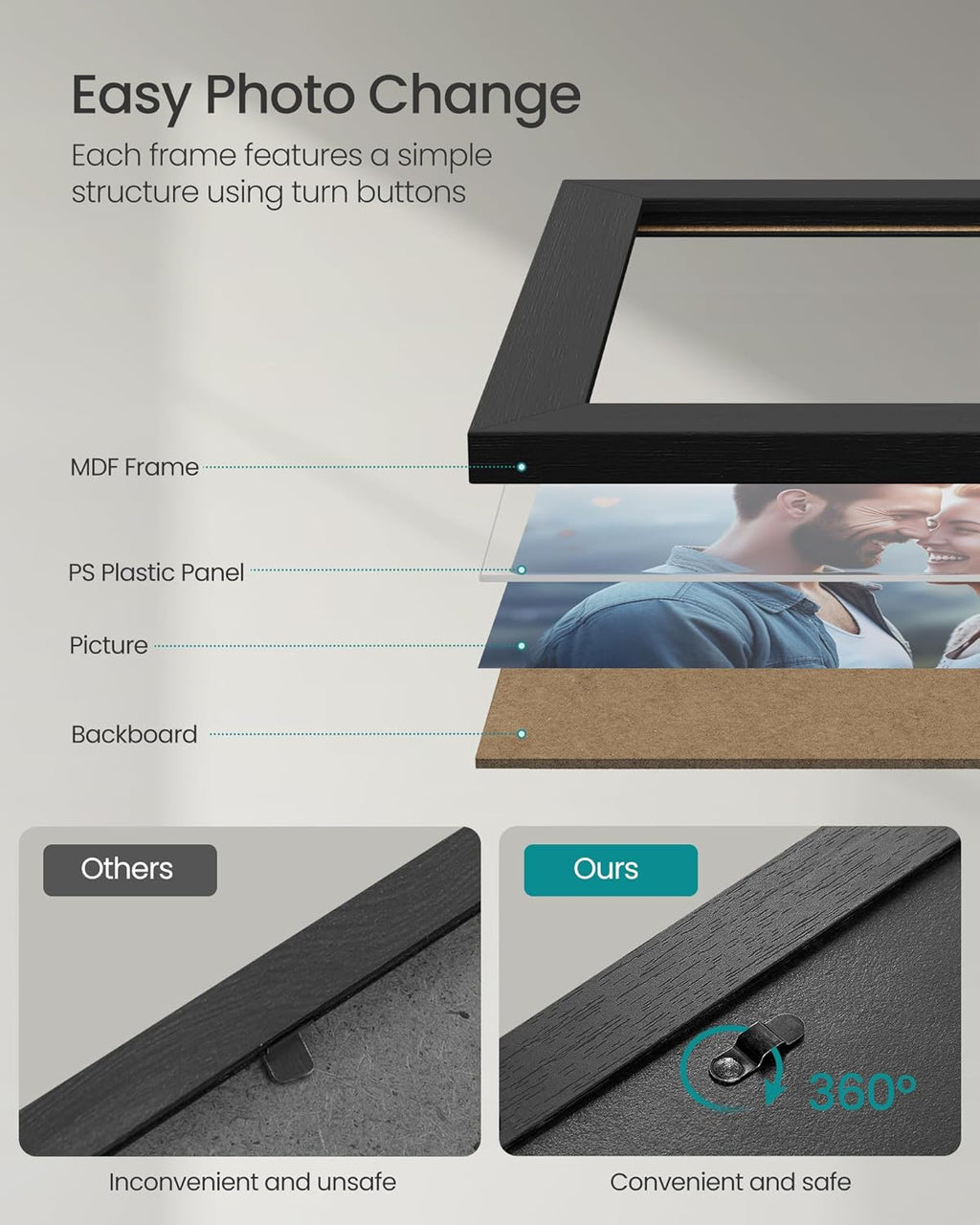 SONGMICS set rame foto 10 buc, 28x24 / 21x16 / 18x13 cm, negru, montaj perete sau birou, MDF si plastic