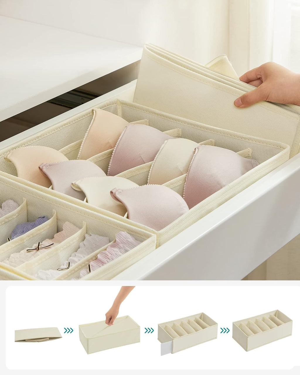 SONGMICS Organizator lenjerie set 8 cutii pliabile din material textil, pentru sertare si dulap, bej