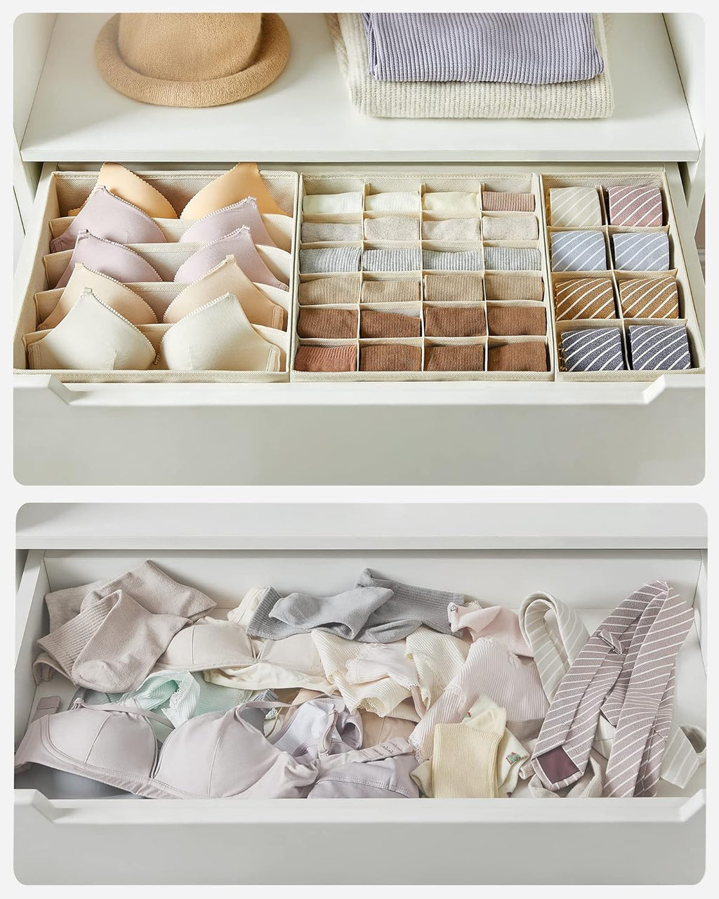 SONGMICS Organizator lenjerie set 8 cutii pliabile din material textil, pentru sertare si dulap, bej