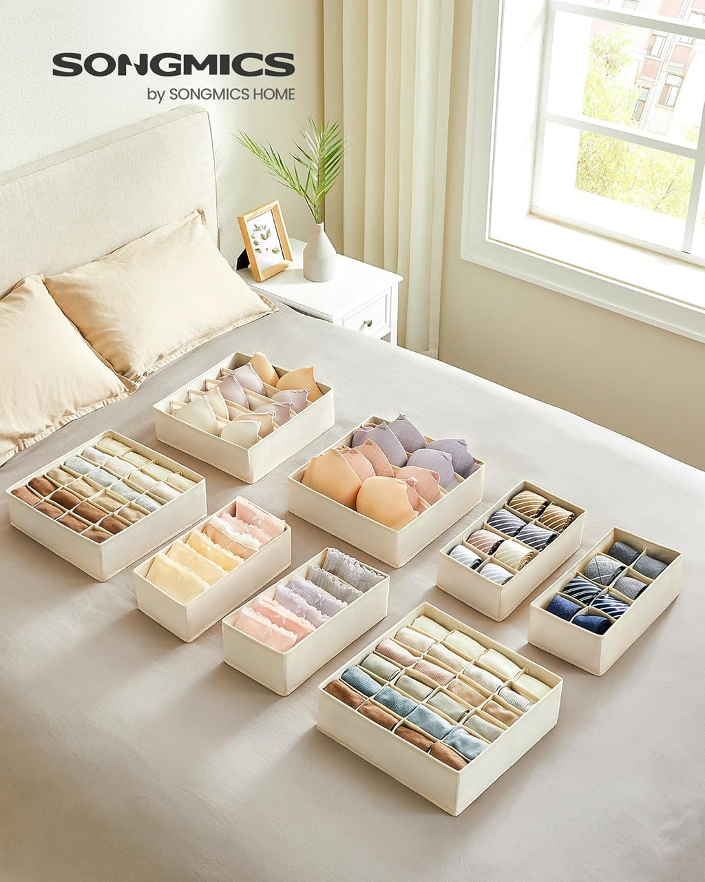 SONGMICS Organizator lenjerie set 8 cutii pliabile din material textil, pentru sertare si dulap, bej
