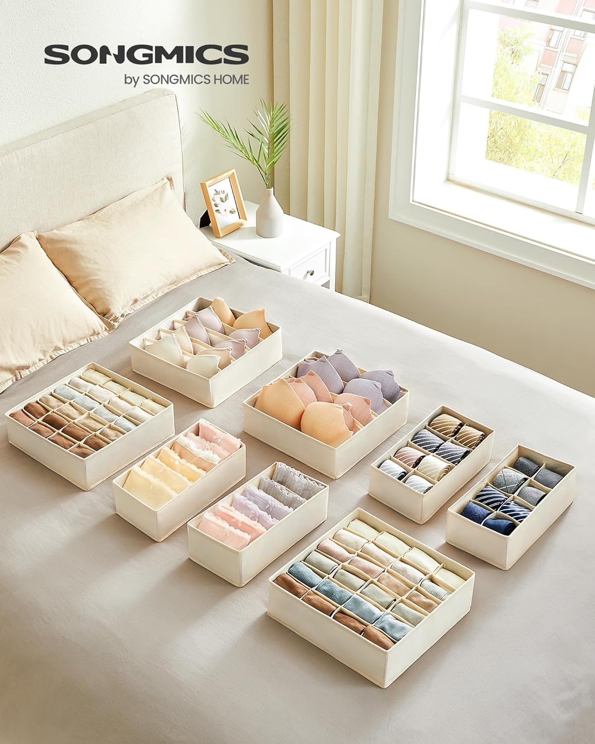 SONGMICS Organizator lenjerie set 8 cutii pliabile din material textil, pentru sertare si dulap, bej