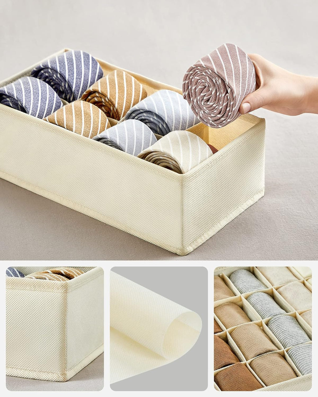 SONGMICS Organizator lenjerie set 8 cutii pliabile din material textil, pentru sertare si dulap, bej