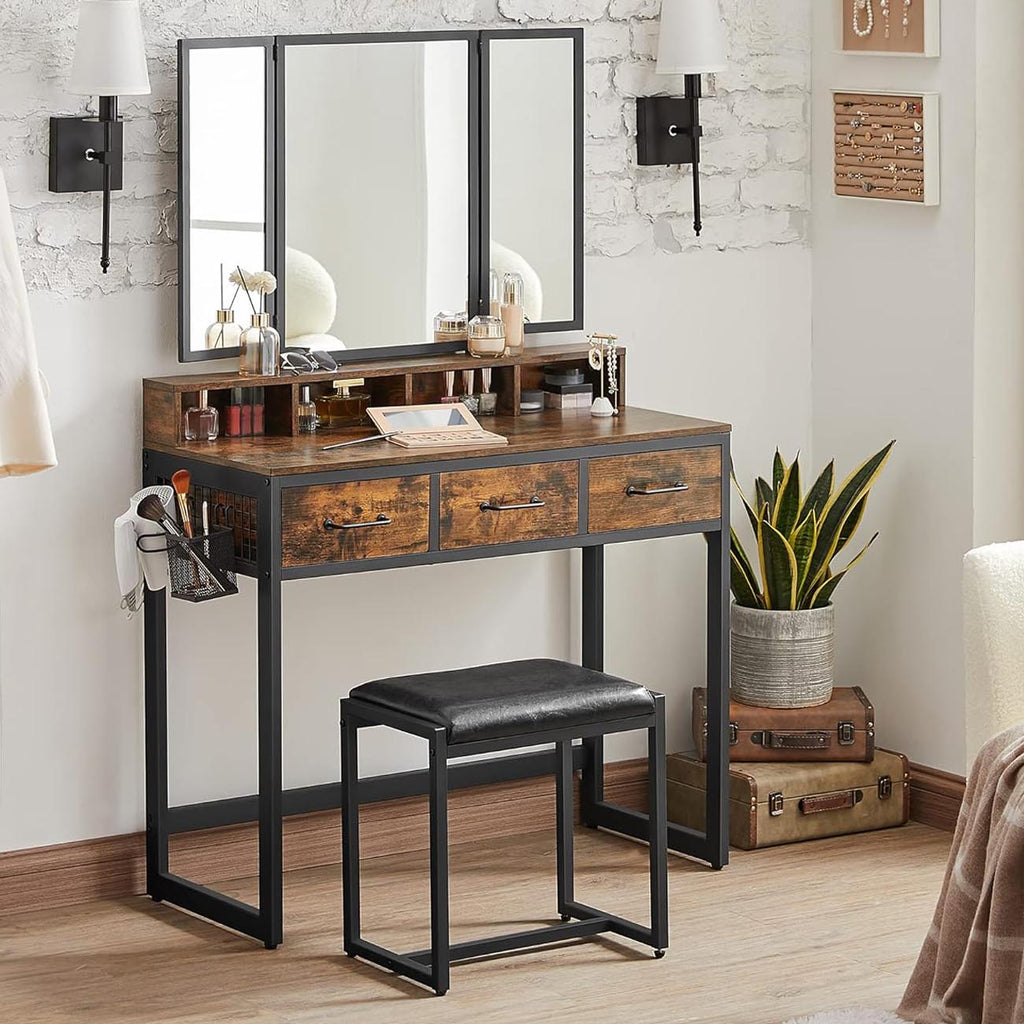 VASAGLE Masuta toaleta 90x40x141 cm, cu 3 sertare, oglinda tripla si taburet, lemn si otel, maro rustic si negru