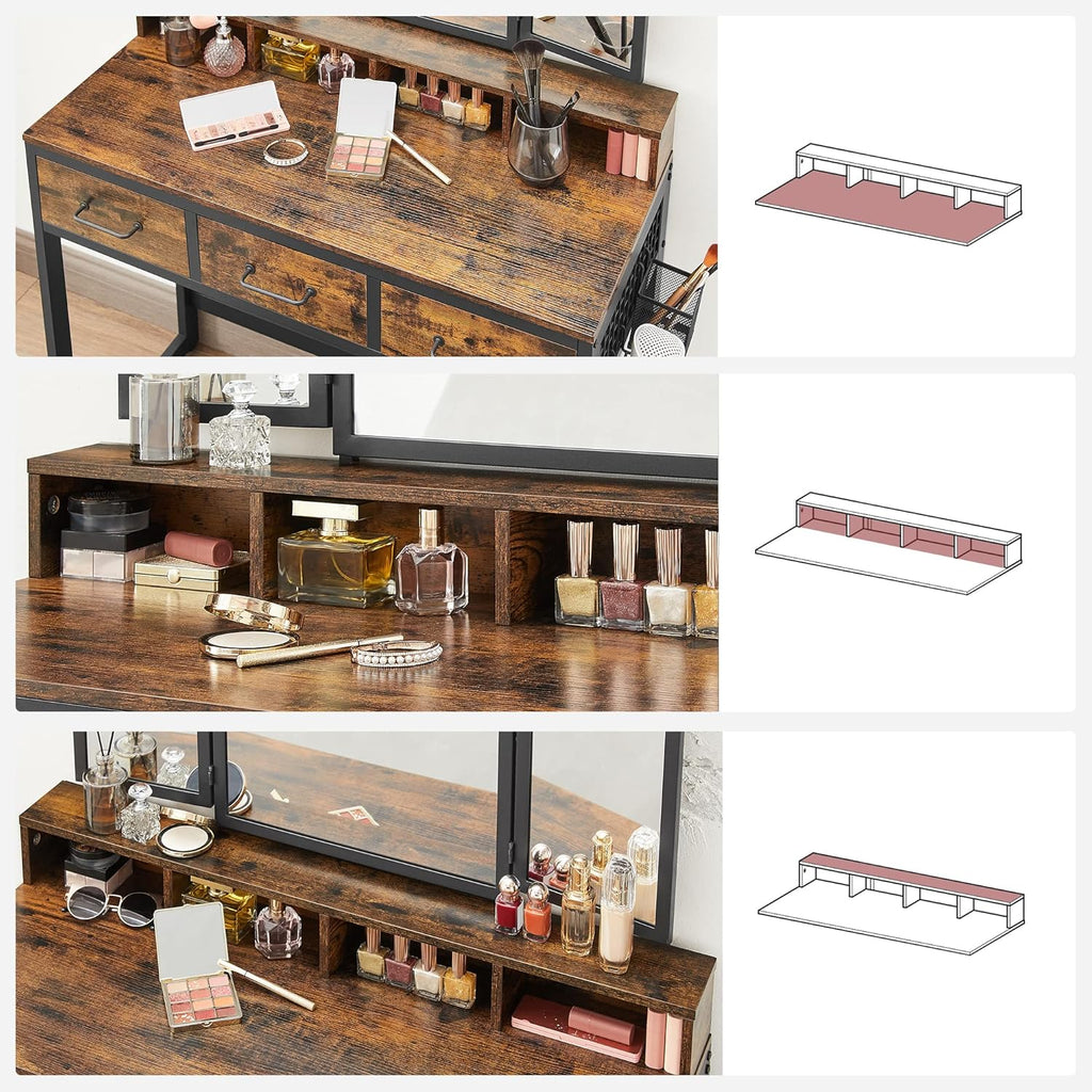 VASAGLE Masuta toaleta 90x40x141 cm, cu 3 sertare, oglinda tripla si taburet, lemn si otel, maro rustic si negru