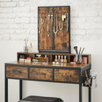 VASAGLE Masuta toaleta 90x40x141 cm, cu 3 sertare, oglinda tripla si taburet, lemn si otel, maro rustic si negru