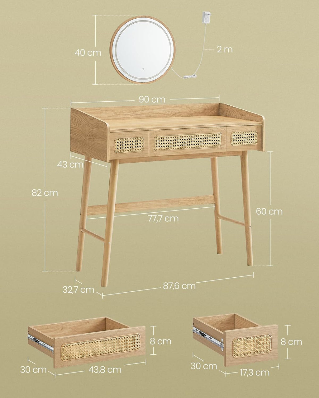 SONGMICS Masuta de toaleta cu oglinda iluminata LED, 3 sertare aspect ratan, stil boho, MDF si lemn, 88x43x82 cm, bej