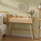 SONGMICS Masuta de toaleta cu oglinda iluminata LED, 3 sertare aspect ratan, stil boho, MDF si lemn, 88x43x82 cm, bej