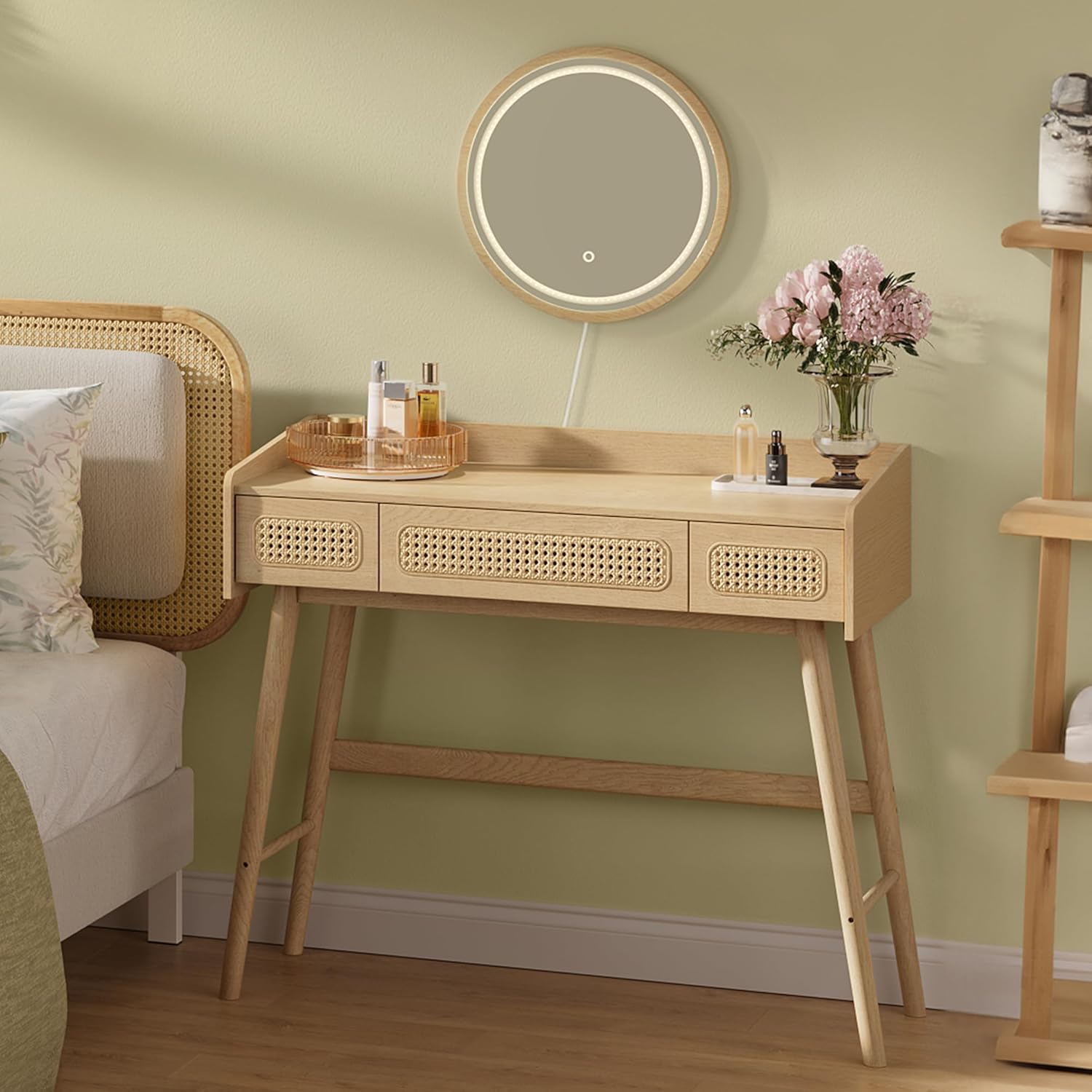 SONGMICS Masuta de toaleta cu oglinda iluminata LED, 3 sertare aspect ratan, stil boho, MDF si lemn, 88x43x82 cm, bej